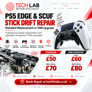 PS5 DualSense Edge and SCUF controller stick drift repair with standard joystick replacement or TMR upgrade at Tech Lab