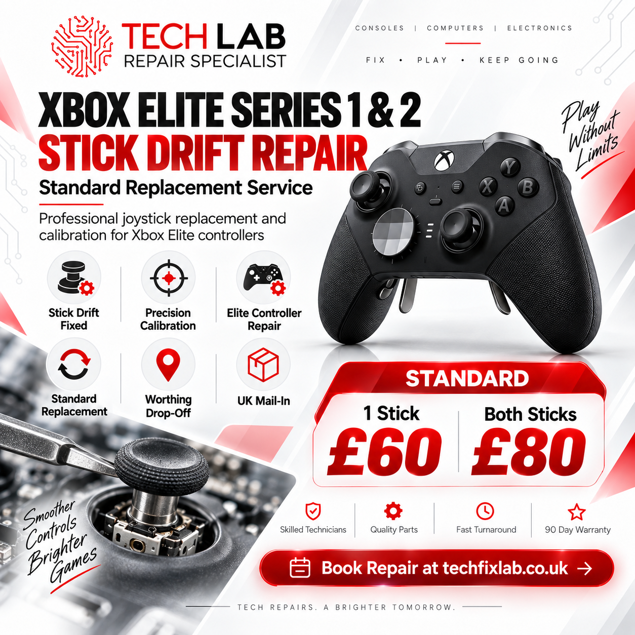 Xbox Elite Series 1 and Series 2 controller stick drift repair with standard joystick replacement at Tech Lab