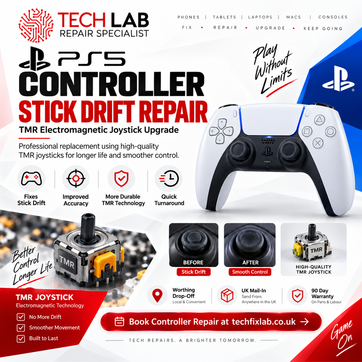 PS5 controller stick drift repair with standard replacement or TMR joystick upgrade by Tech Lab