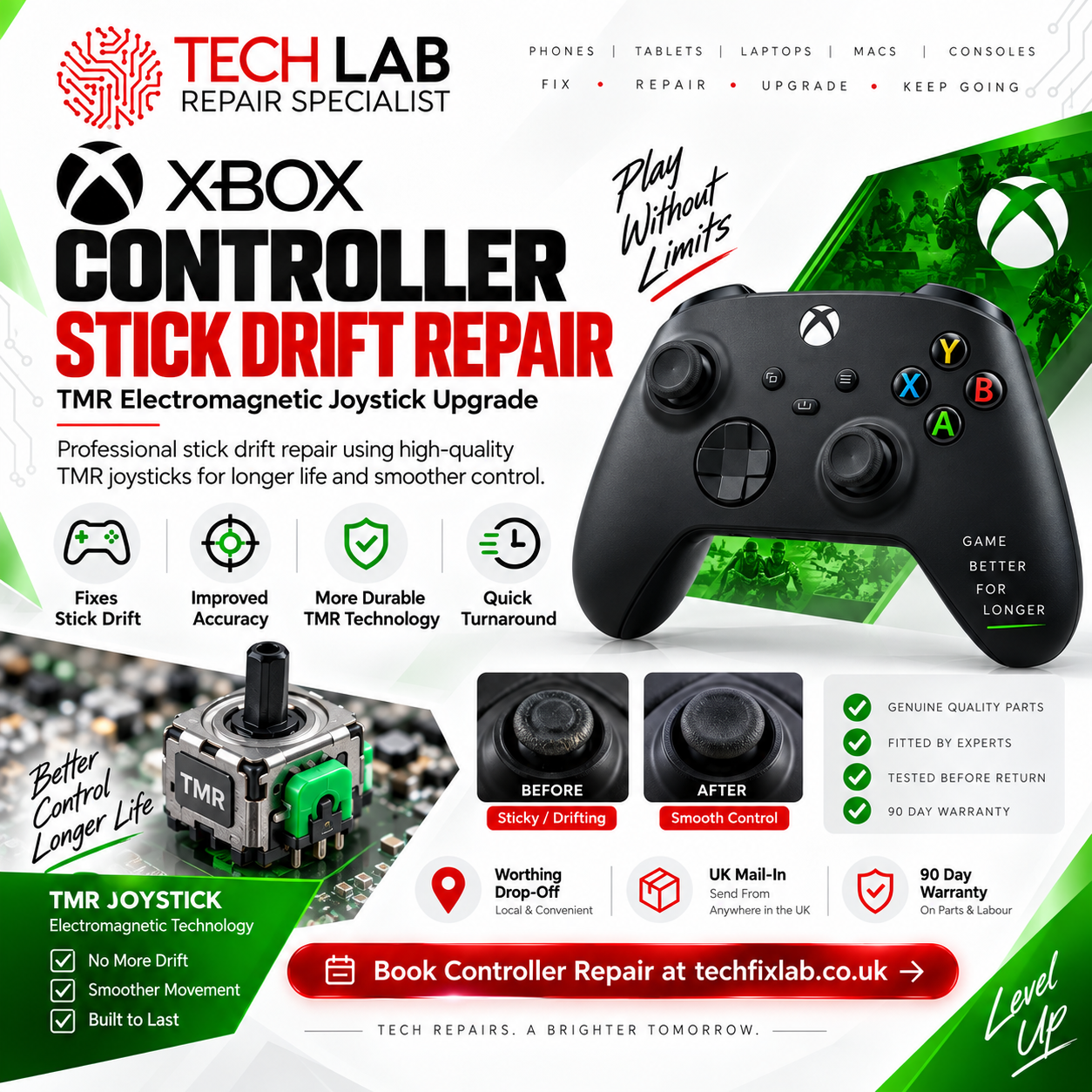 Xbox controller stick drift repair with standard replacement or TMR joystick upgrade by Tech Lab