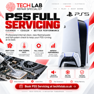 PS5 full servicing in Worthing at Tech Lab - deep cleaning, cooling inspection and full testing
